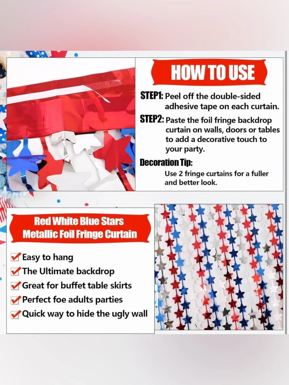 TWO 2 Pks Party Curtains (4 Pc Total) Red White Blue Stars Backdrop MSRP $30 NEW